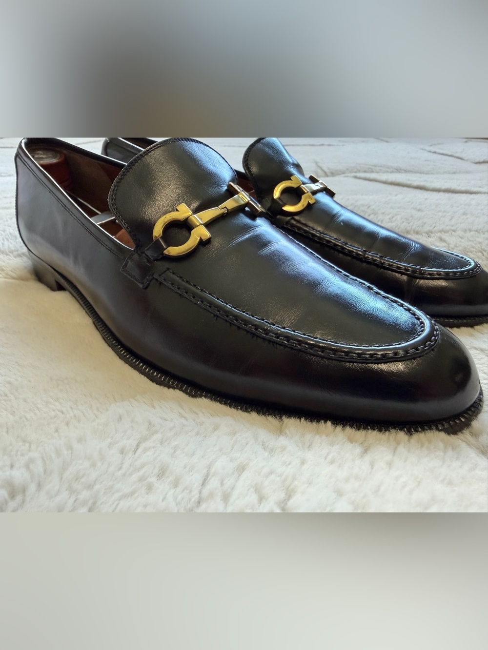 $980 Salvatore Ferragamo Black Leather Gold Gancini Horse-bit Loafers 9 B Narrow